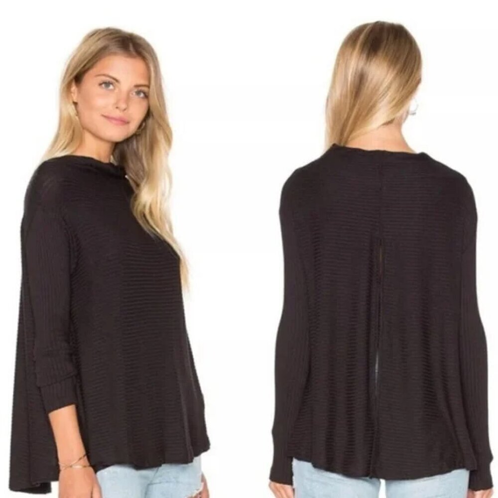 FREE PEOPLE We The Free Black Mock Neck Ribbed Open Back Oversize Sweater Top XS